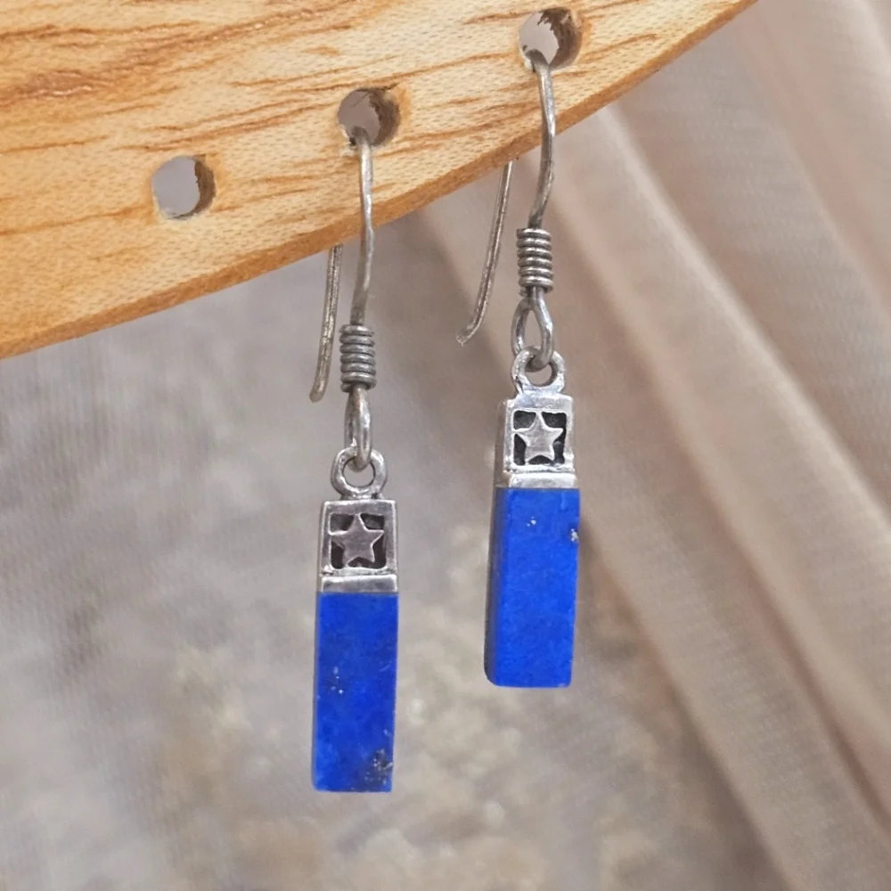 Lapis Lazuli Blue Stone 925 Mexico Delicate Dangle Earrings Sterling Silver